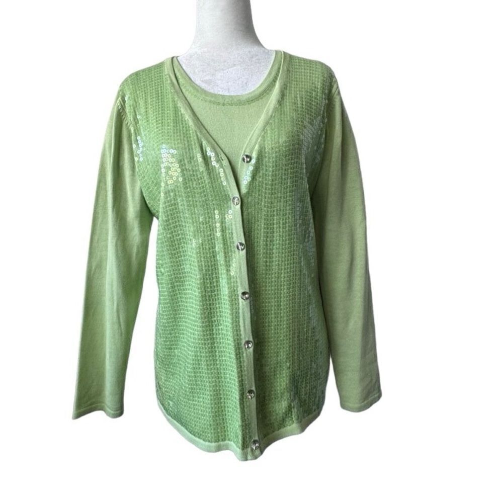 Quacker Factory Cardigan and Sleeveless Knit Tank Set Green Sequins SZ S